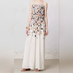 Elevenses Anthropologie Floral Silk Jumpsuit with Coral Accents